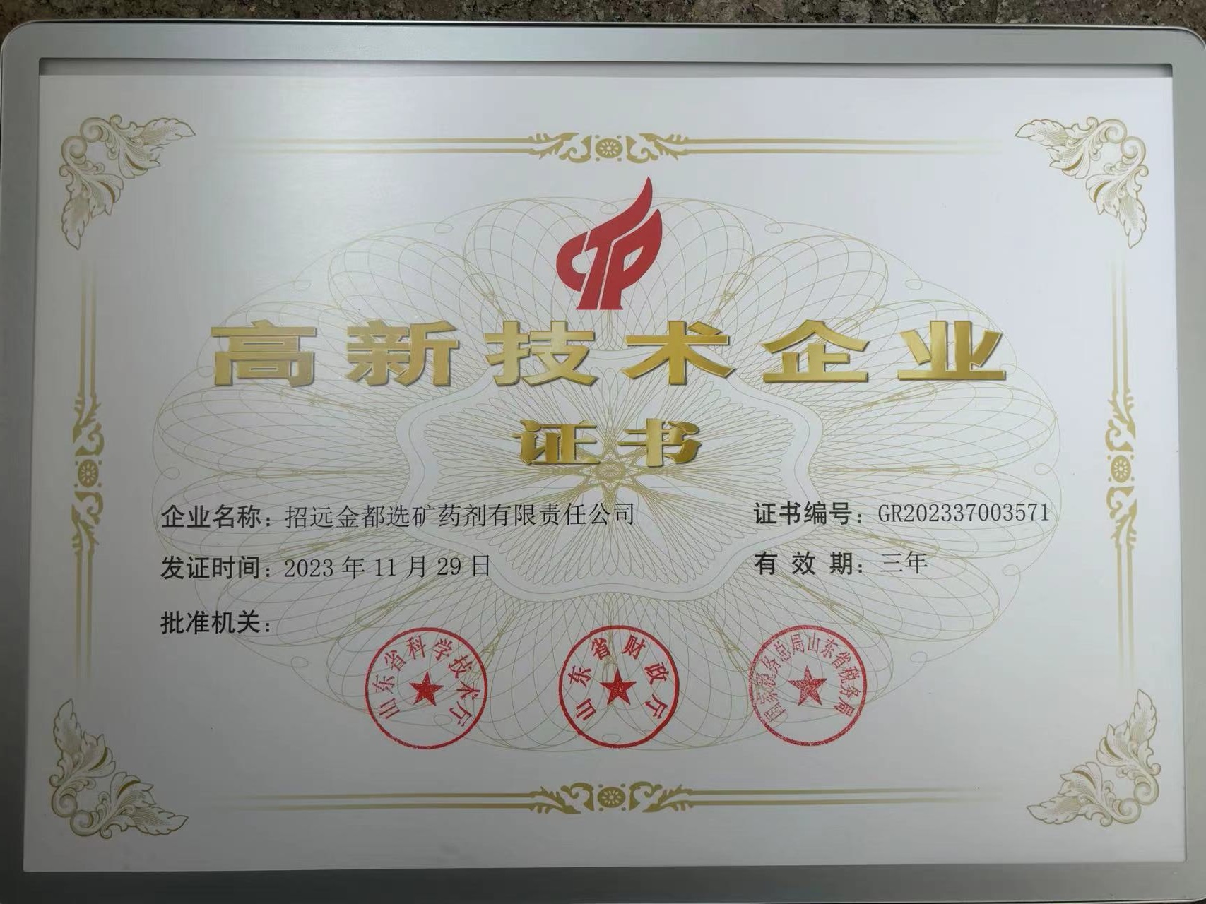 高新技術(shù)企業(yè)證書(shū)